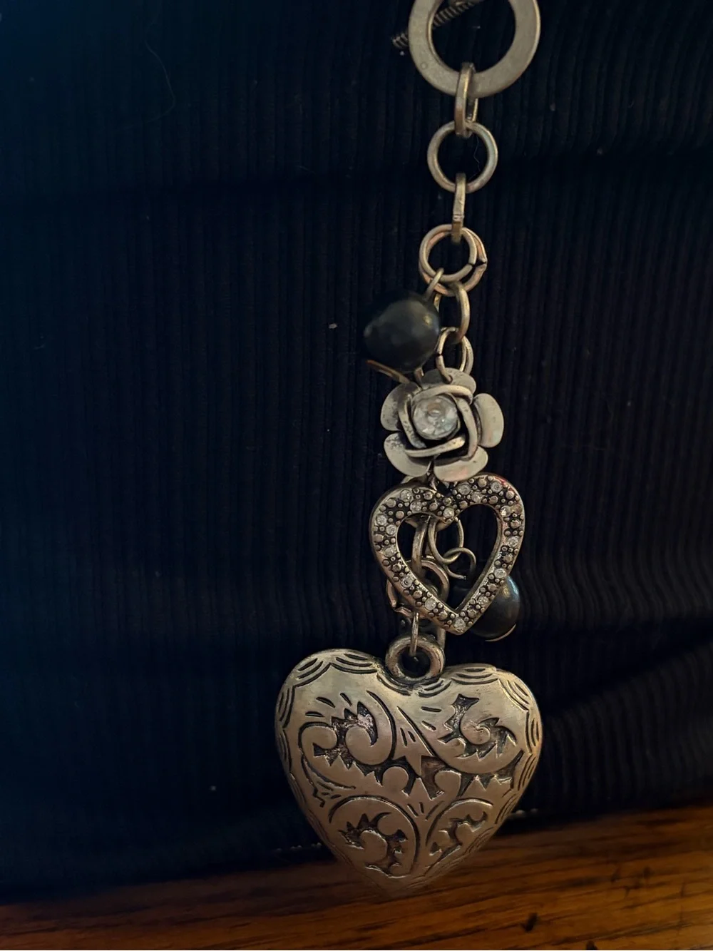 Vintage Boho Silver Engraved Cluster Heart Charm Long Lariat Pendant Necklace
